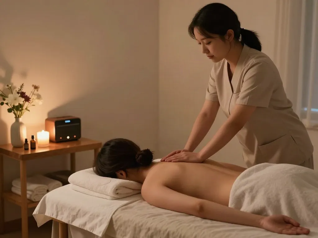 서초출장마사지 session in a tranquil home setting, massage therapist providing a relaxing service with soothing ambiance and essential oils.