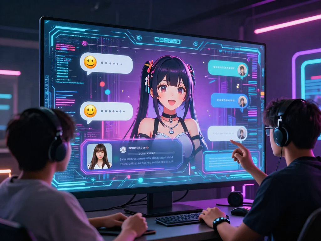 Interactive scene of hentai AI chat with vibrant anime character engaging users digitally, highlighting innovative technology.