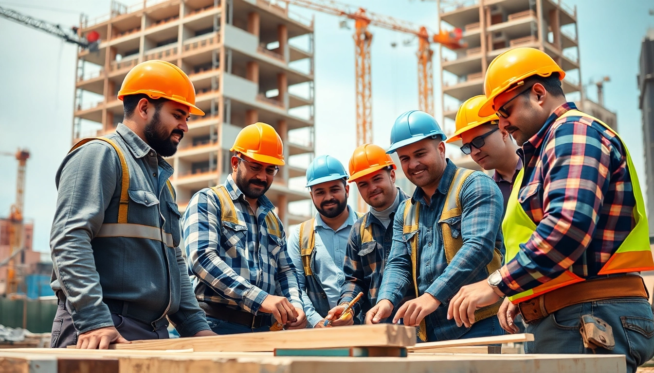 Workers advancing in their construction career through collaboration and skill on a busy building site.