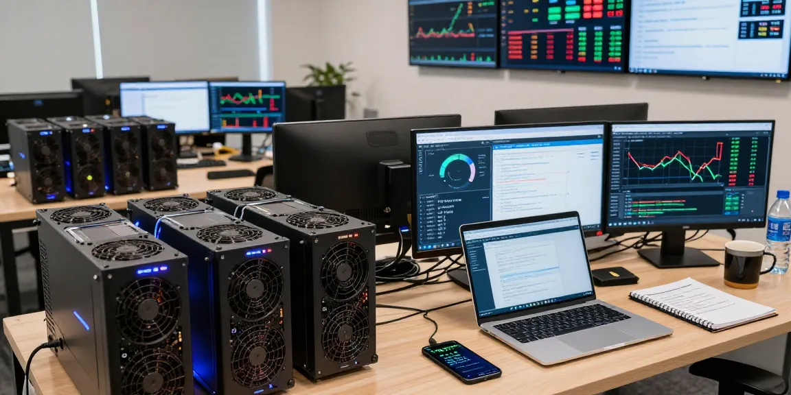 Crypto cloud mining office setup with advanced GPUs and cloud mining dashboard displaying live statistics and earnings