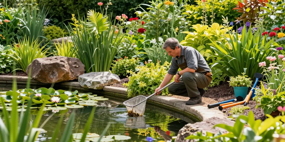 Professional Pond Cleaning Surrey service in action with a gardener cleaning a picturesque pond surrounded by greenery.