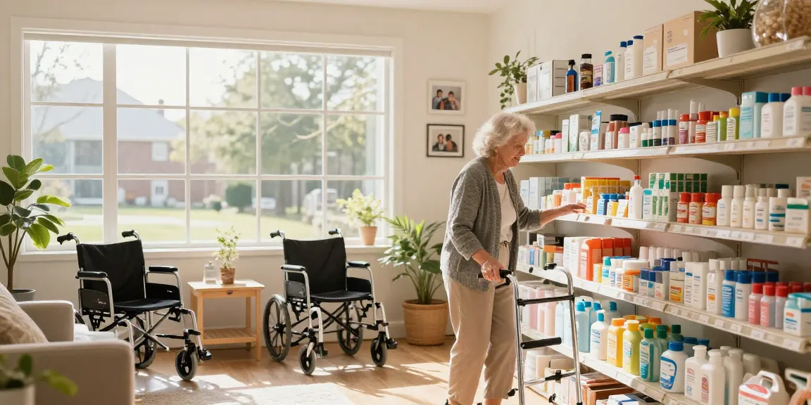 Senior exploring essential items at a老人用品店 in a bright, inviting home setting.