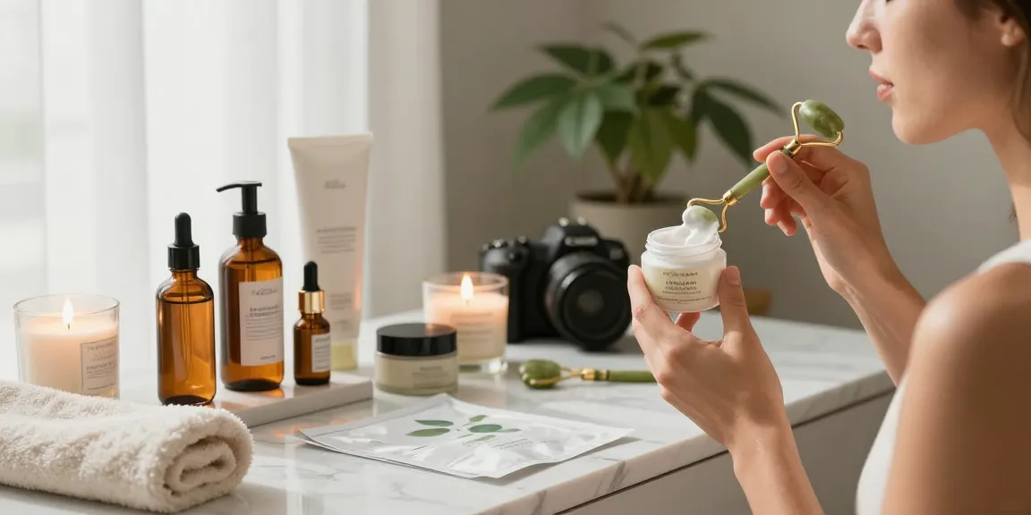 Descoperiți produse skincare premium în timp ce demonstrați o rutină elegantă de îngrijire a pielii acasă.