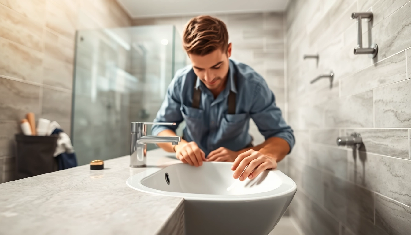 Skilled bathroom installers performing precise work on a sleek modern bathroom, ensuring quality.