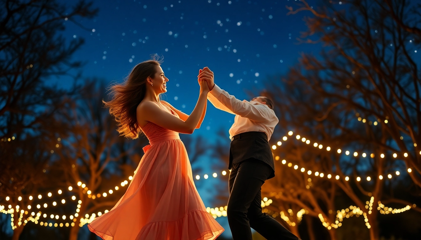 Couple showcasing graceful moves of the Carolina Dance in a charming outdoor setting.
