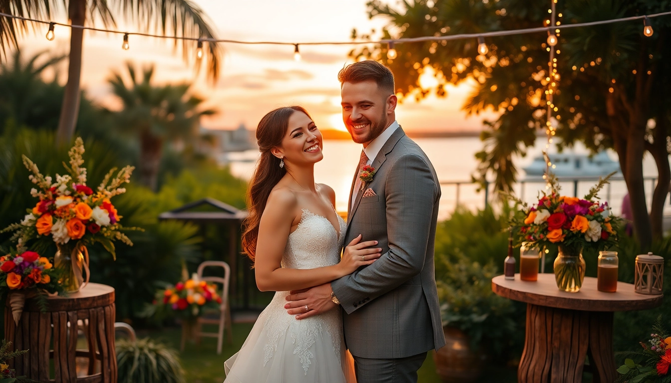 Tampa Bay photographers capturing a joyful outdoor wedding scene with lush greenery and sunset lighting.