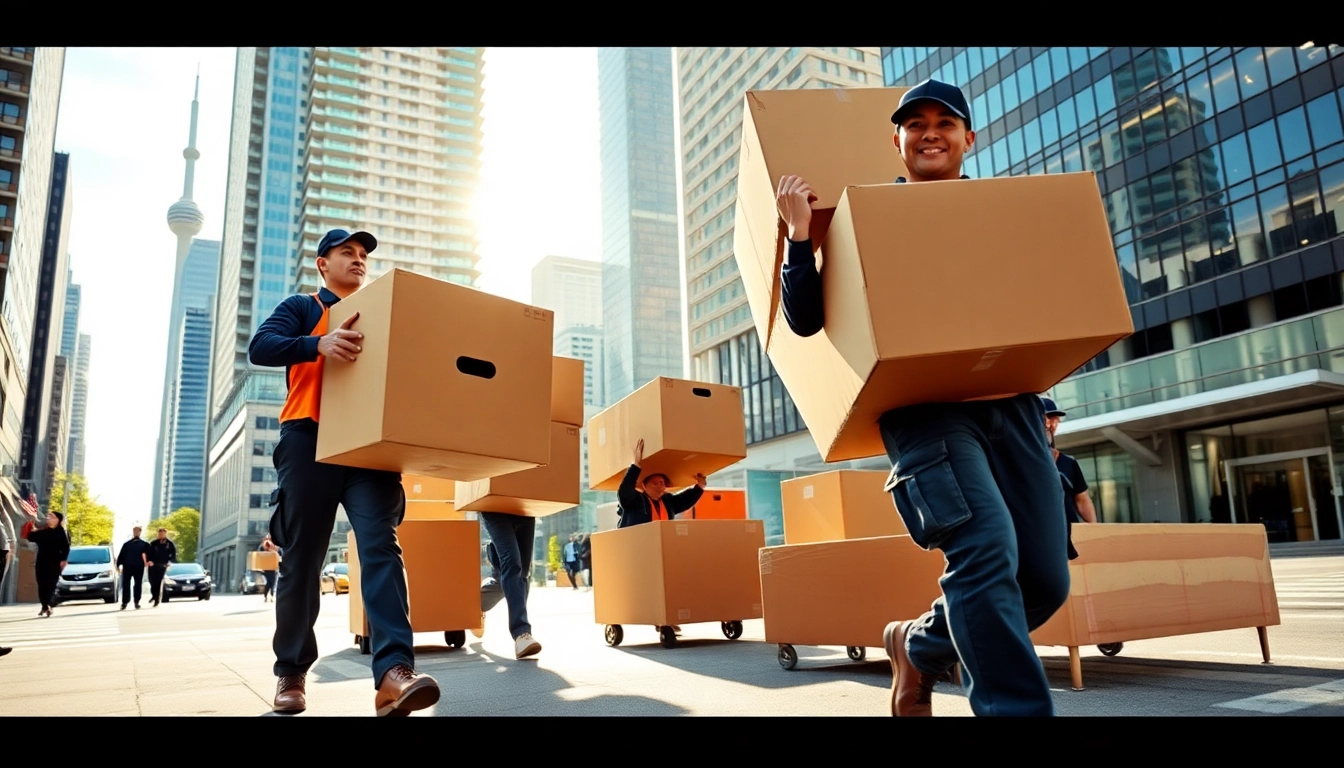 Toronto movers loading furniture efficiently in downtown Toronto with a skyline view.