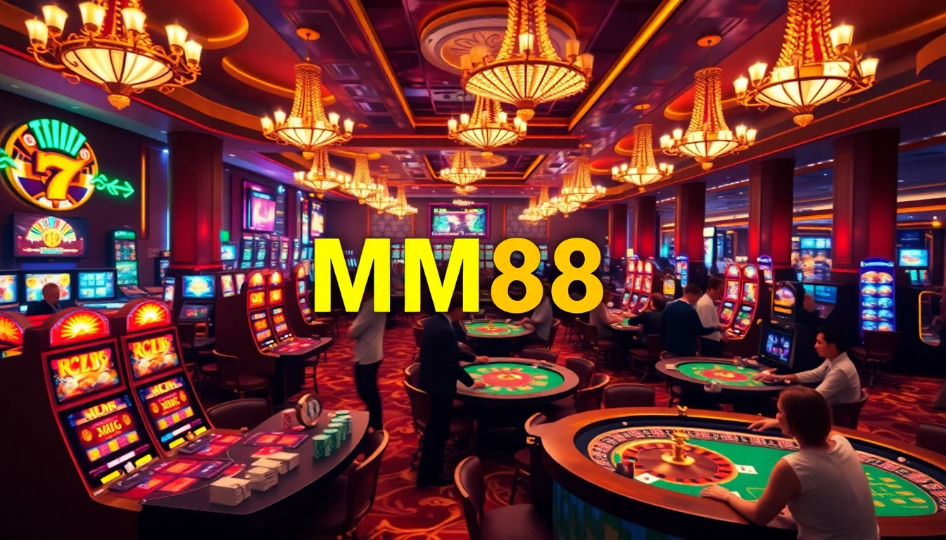 MM88 neon sign illuminates a bustling casino filled with enthusiastic players at various gaming tables.