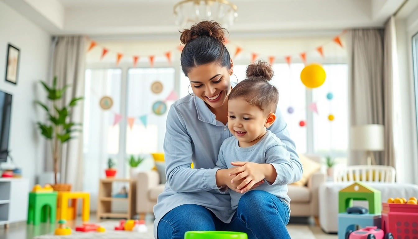 Experienced live-in nanny in Dubai nurturing a child in a cozy, colorful living room.