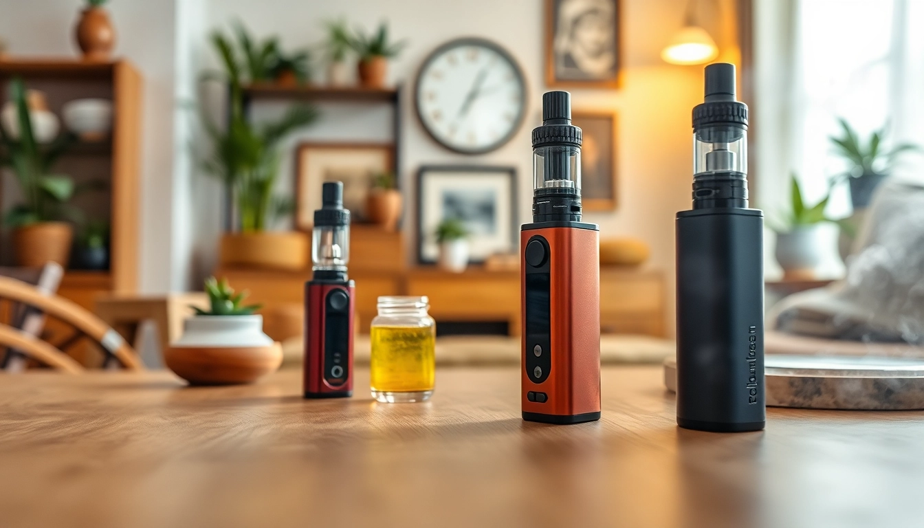 Vape ohne nikotin auf einem stilvollen Tisch mit E-Liquids und dampfenden Wolken.