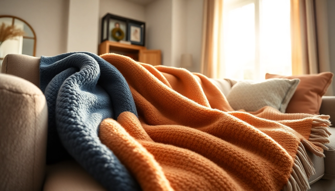 Fleece stof in warme kleuren over een bank in een gezellige woonkamer.