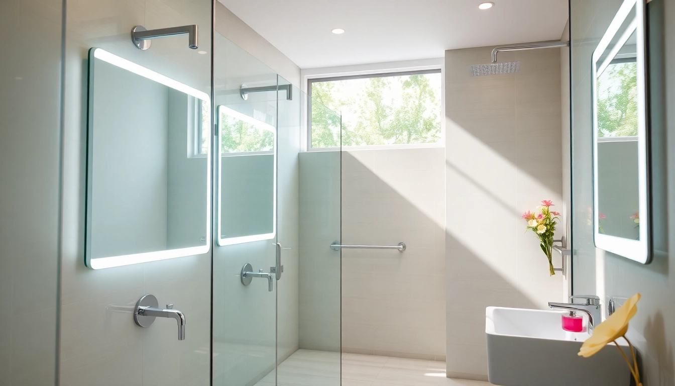 Découvrez les installations de douche modernes de sunny showers france avec des miroirs LED élégants.