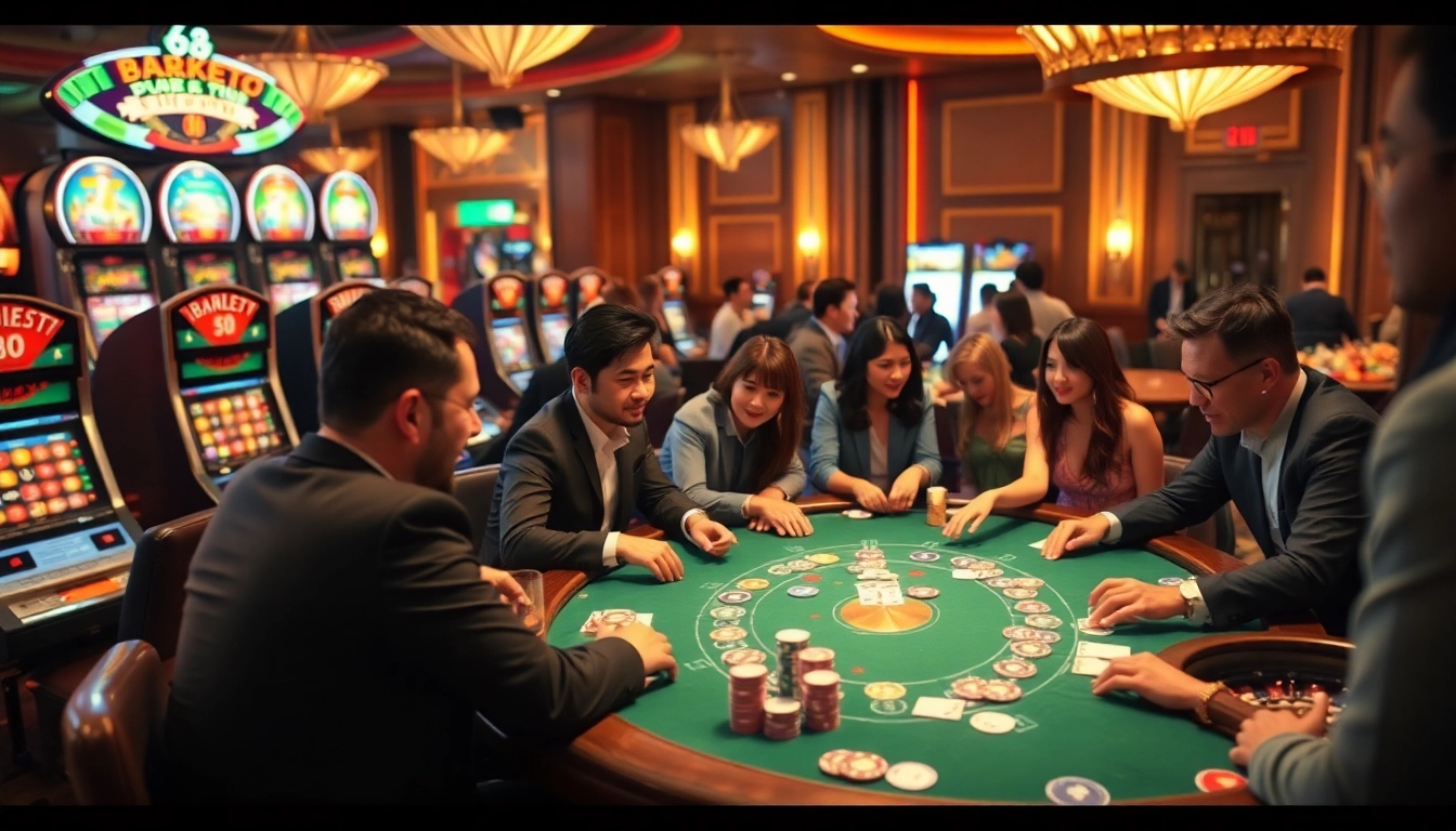 Exciting casino scene with players at a poker table showcasing Hi88 me's thrilling gambling experience.
