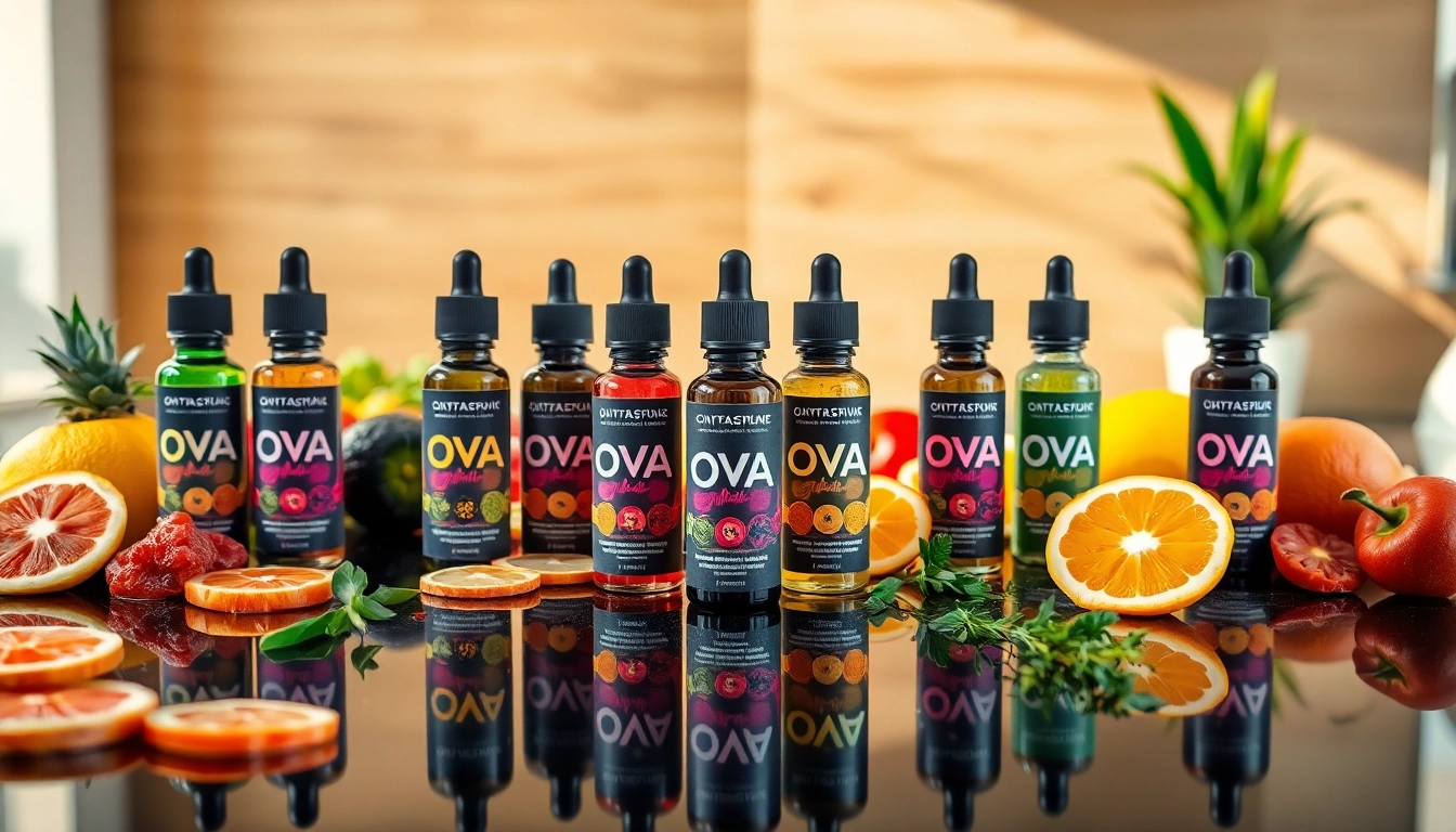 Oxva Liquid Flaschen stilvoll auf schwarzem Tisch, umgeben von frischen Früchten.