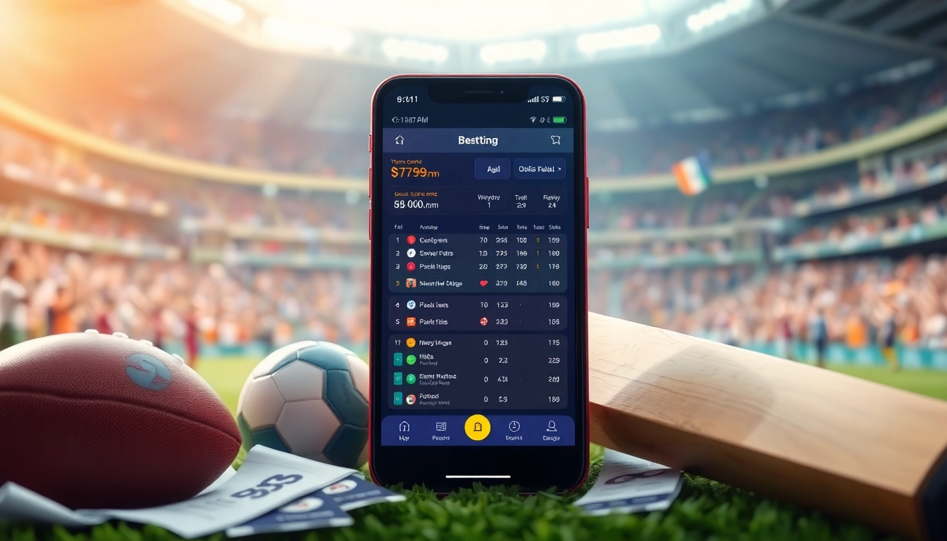 Engaging scene illustrating the best sports betting sites India with vibrant mobile app details and sports paraphernalia.
