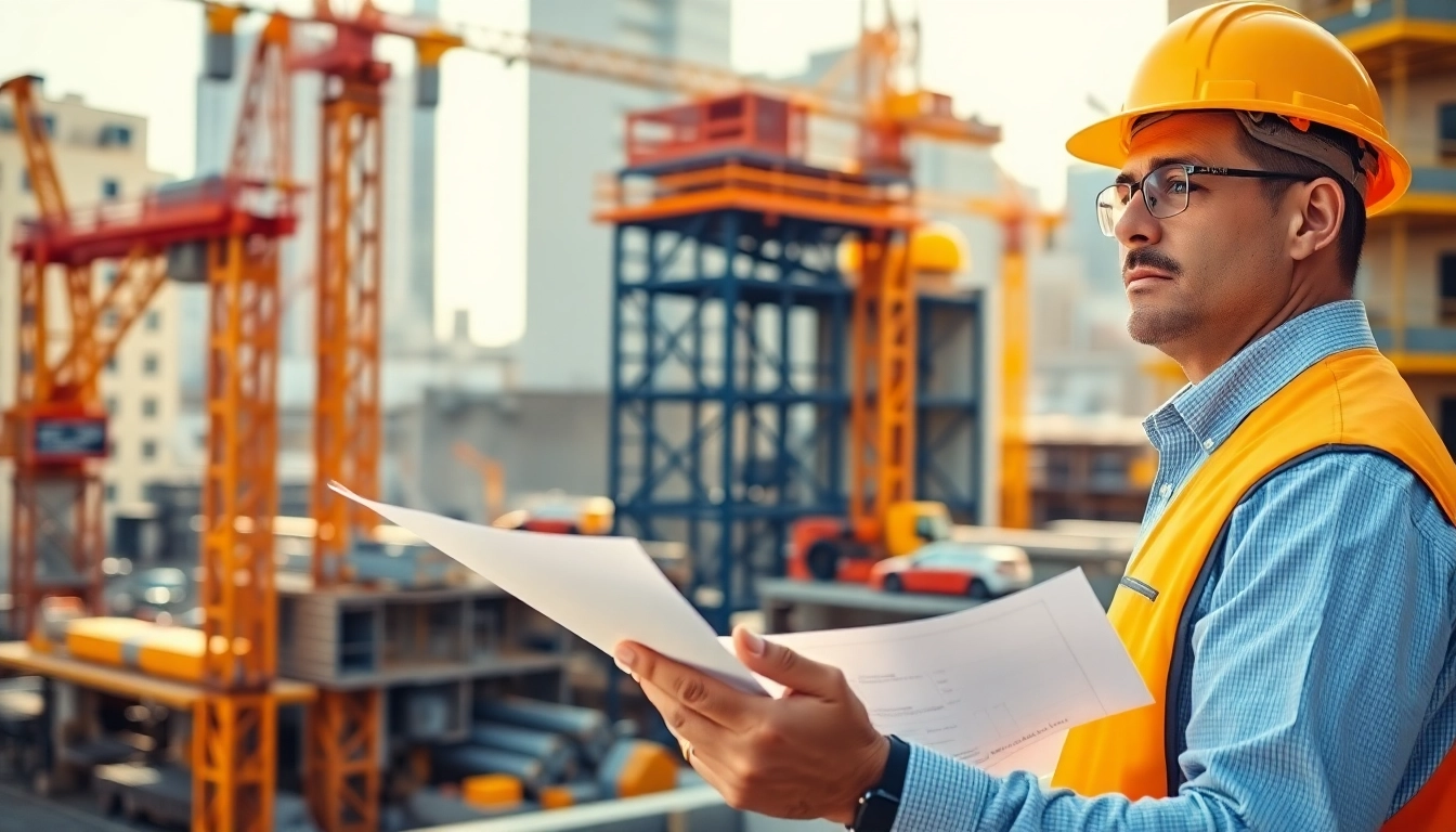 New York Construction Manager reviewing blueprints on a busy construction site in New York City.