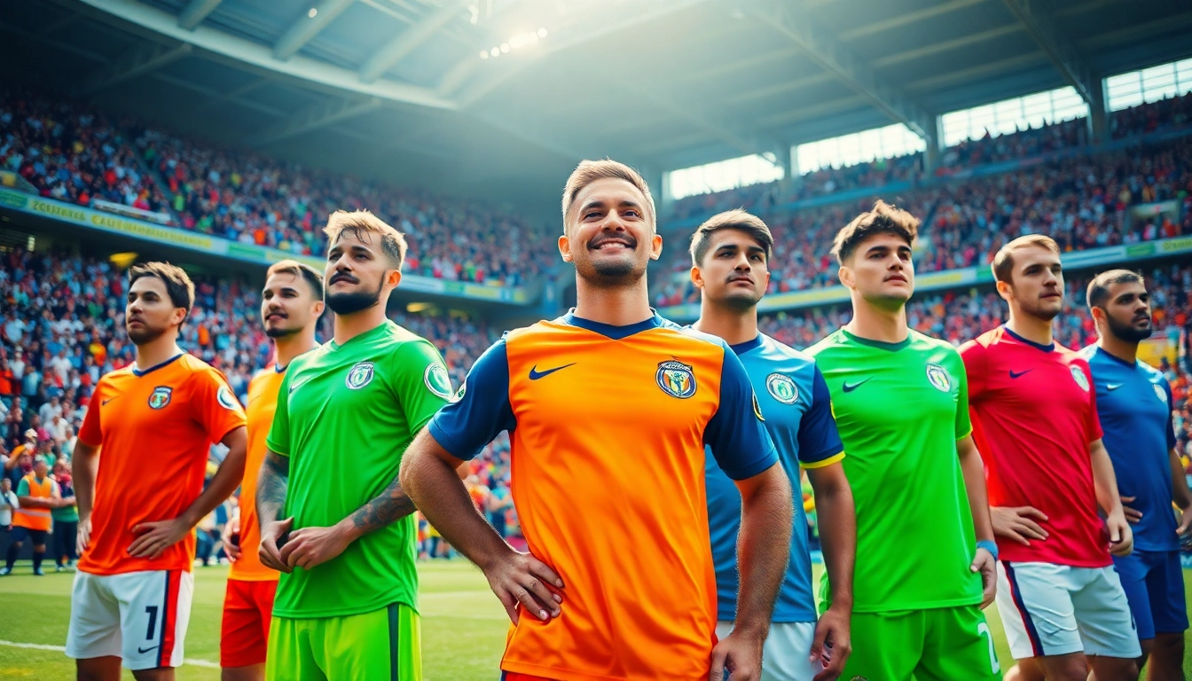 Showcasing discount football shirts worn by players in an energetic stadium environment.