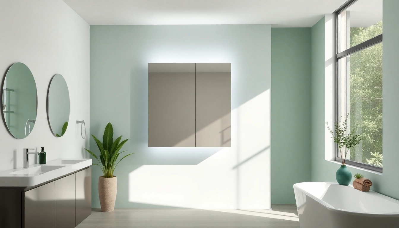 Elegantly showcasing sonni Spiegelschrank mit modernem Design und integrierter Beleuchtung im Badezimmer.