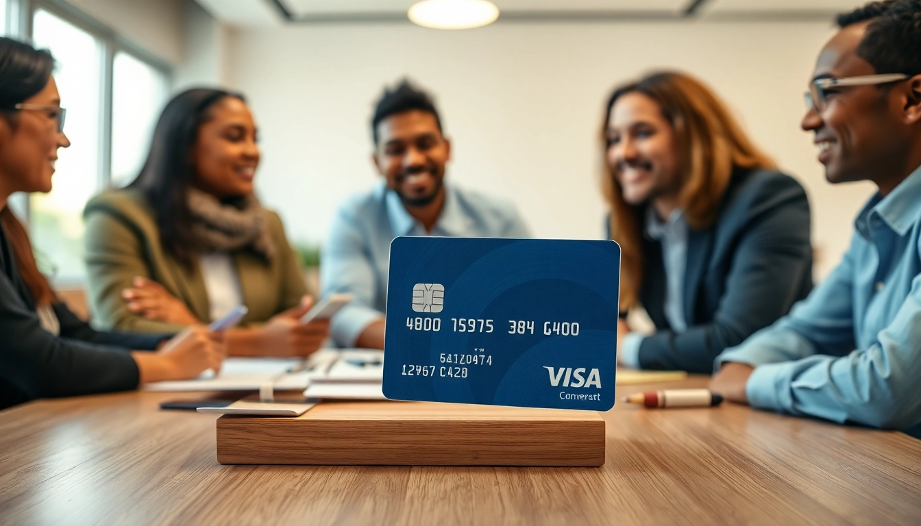 신용카드 현금화를 주제로 한 사람들의 상담 모습, 전문적이고 화기애애한 분위기.