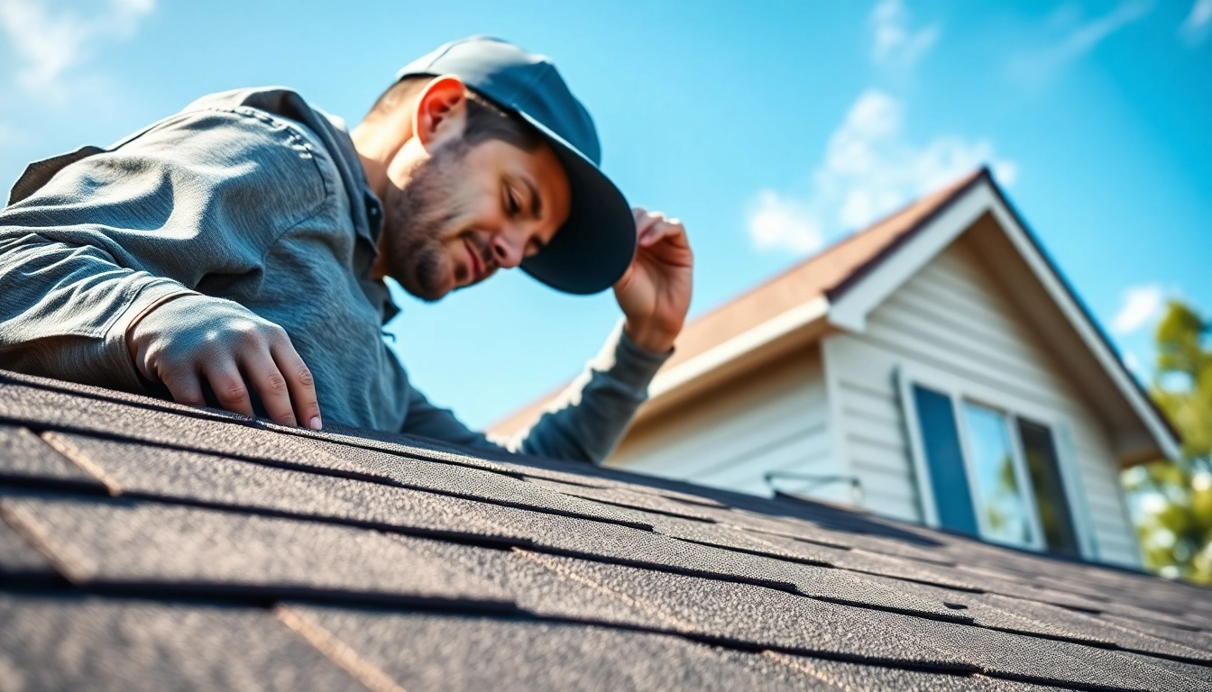 Showcase high-quality roofing solutions with a contractor inspecting a home's roofing materials.