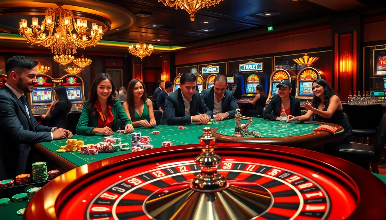 Experience thrilling gambling at https://thabetc.net/ with diverse players enjoying roulette and slot machines.
