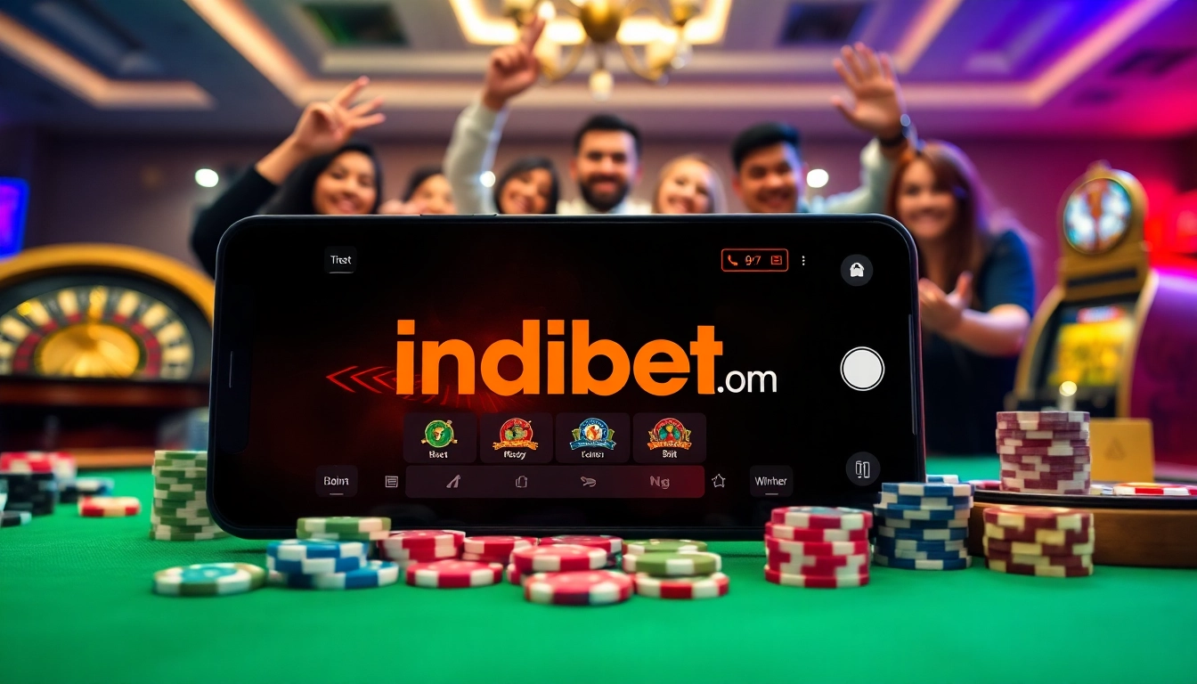 Engaging gamblers using the indibet.com app while celebrating wins with poker chips and casino elements.