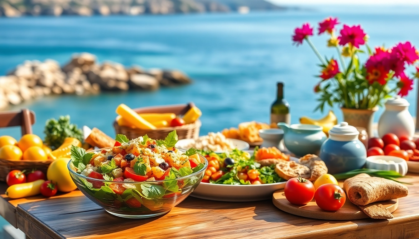 Explore a vibrant Mediterranean diet spread featuring fresh ingredients and rustic elements.