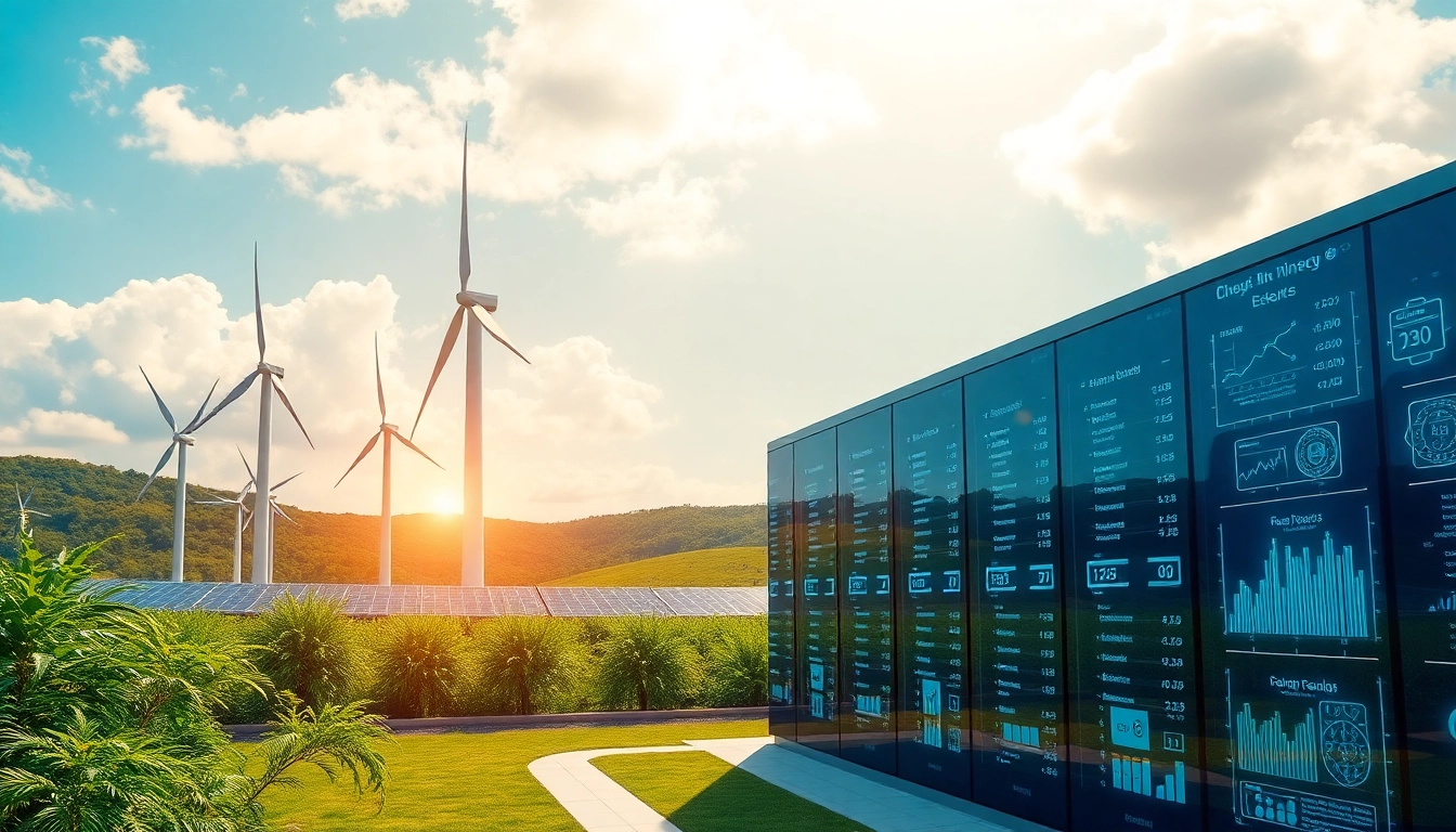 Free cloud mining facility powered by renewable energy with wind turbines and solar panels.