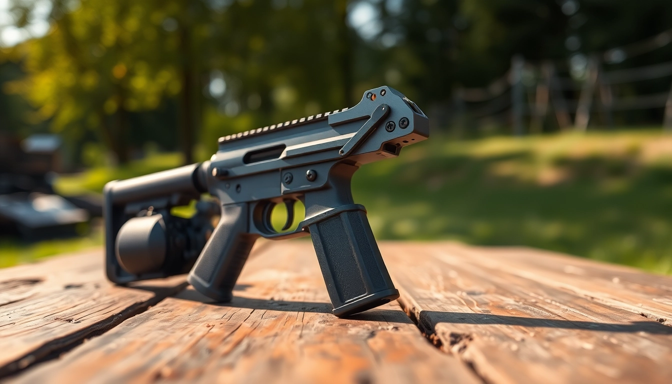 AR 10 trigger displayed on a wooden table, showcasing its stylish design and craftsmanship.