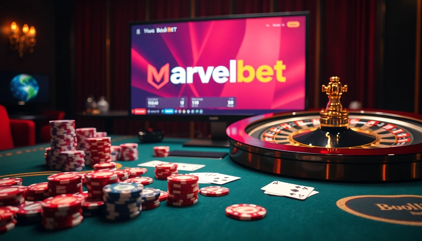 Marvelbet casino table scene with poker chips and roulette wheel, exuding luxury and excitement.