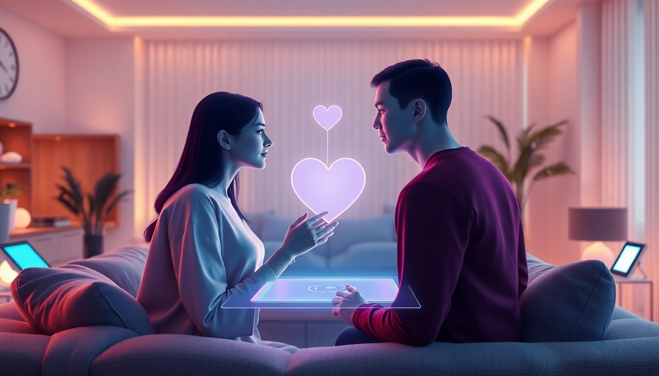AI sex technology displayed in a cozy virtual dating scene, showcasing intimate interactions.