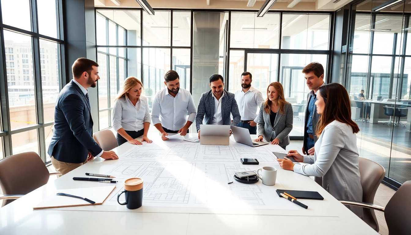 Construction advocacy Carolinas team collaborating over architectural blueprints in a bright office.
