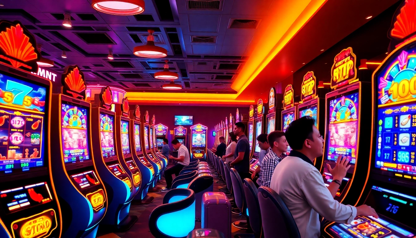 Slot hoki online casino scene with vibrant slot machines and engaged players enjoying gameplay.