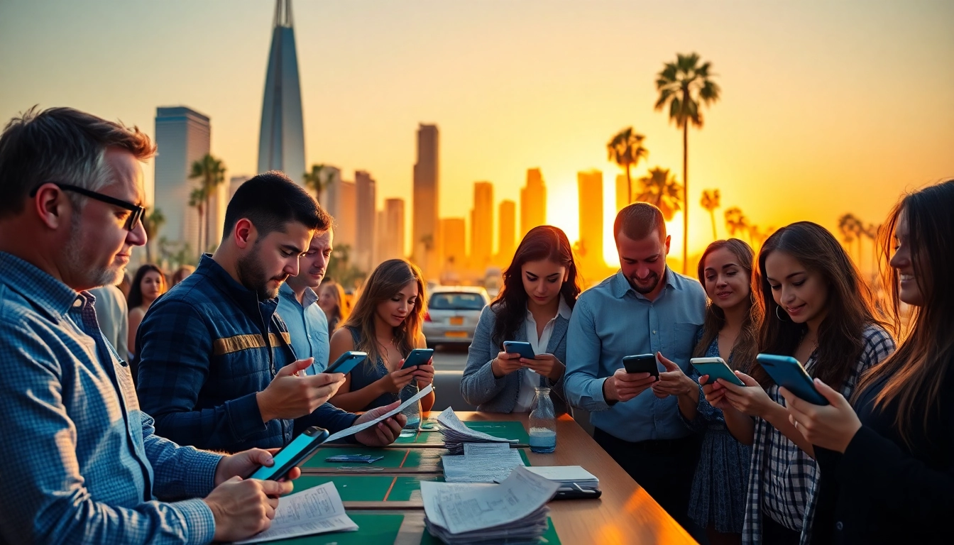 Engaging group of people participating in California sports betting with mobile devices.