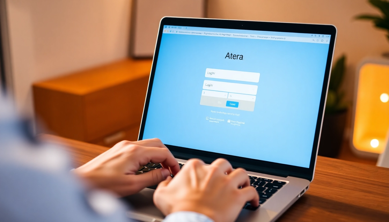 Atera login process on a laptop, showcasing a user inputting credentials on the screen.