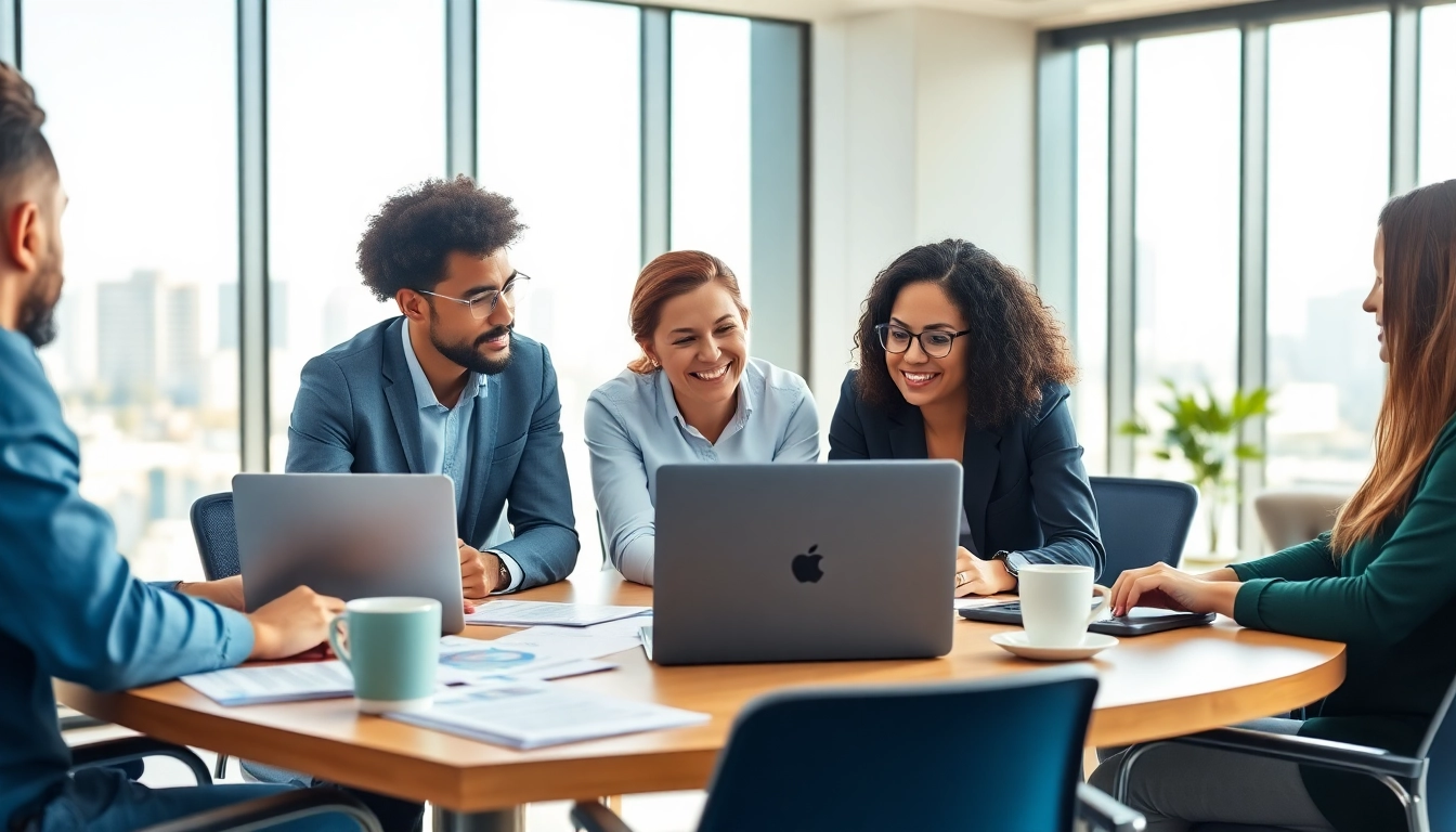 Engaged professionals strategizing their job search efforts in a modern office setting.