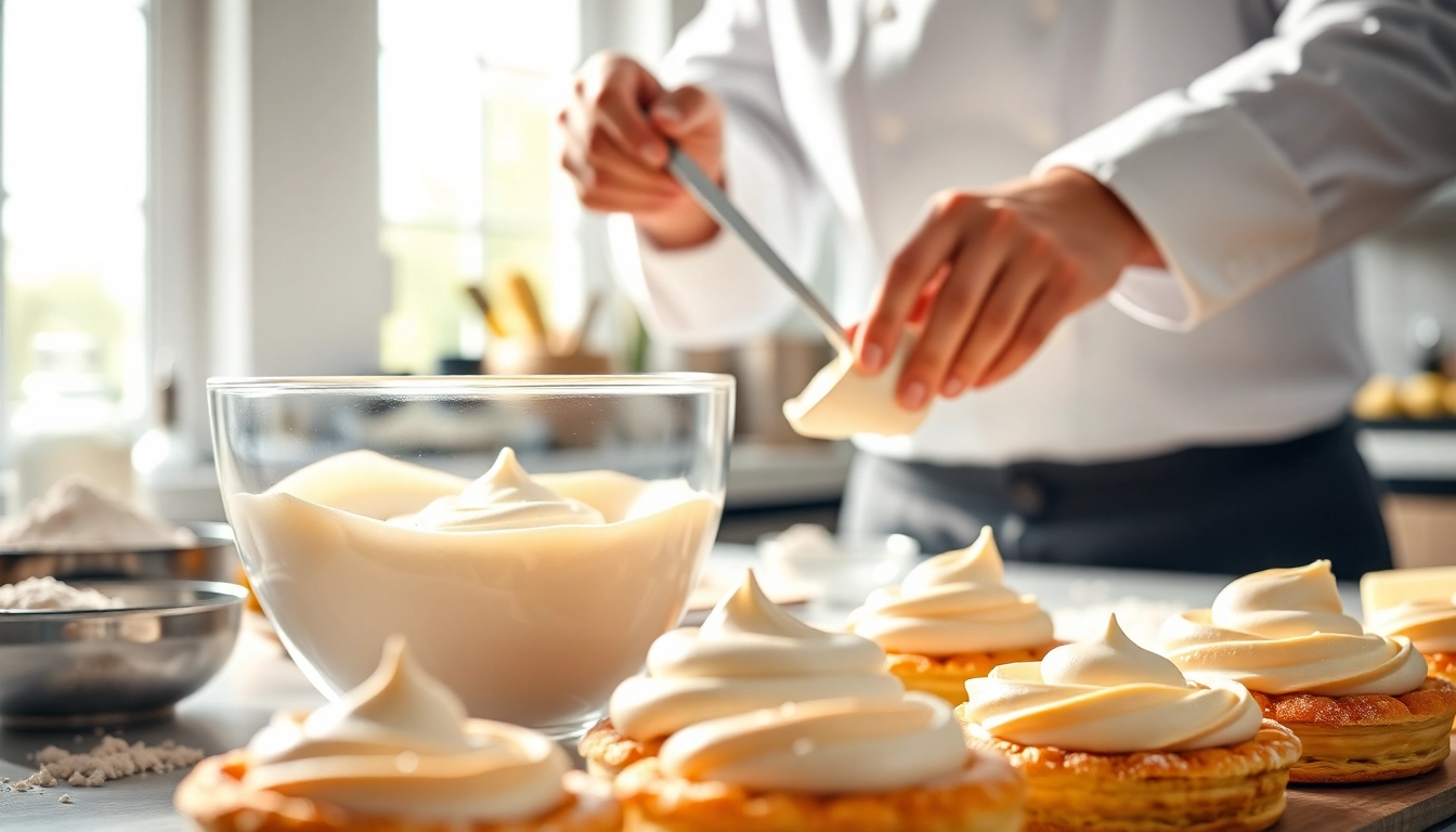 Bereidt mousseline crème met een romige textuur voor in de keuken.