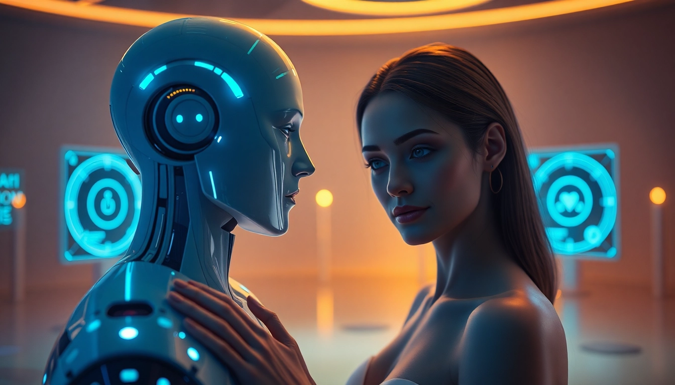 An intimate encounter illustrating ai sex with futuristic AI companions and human interaction.