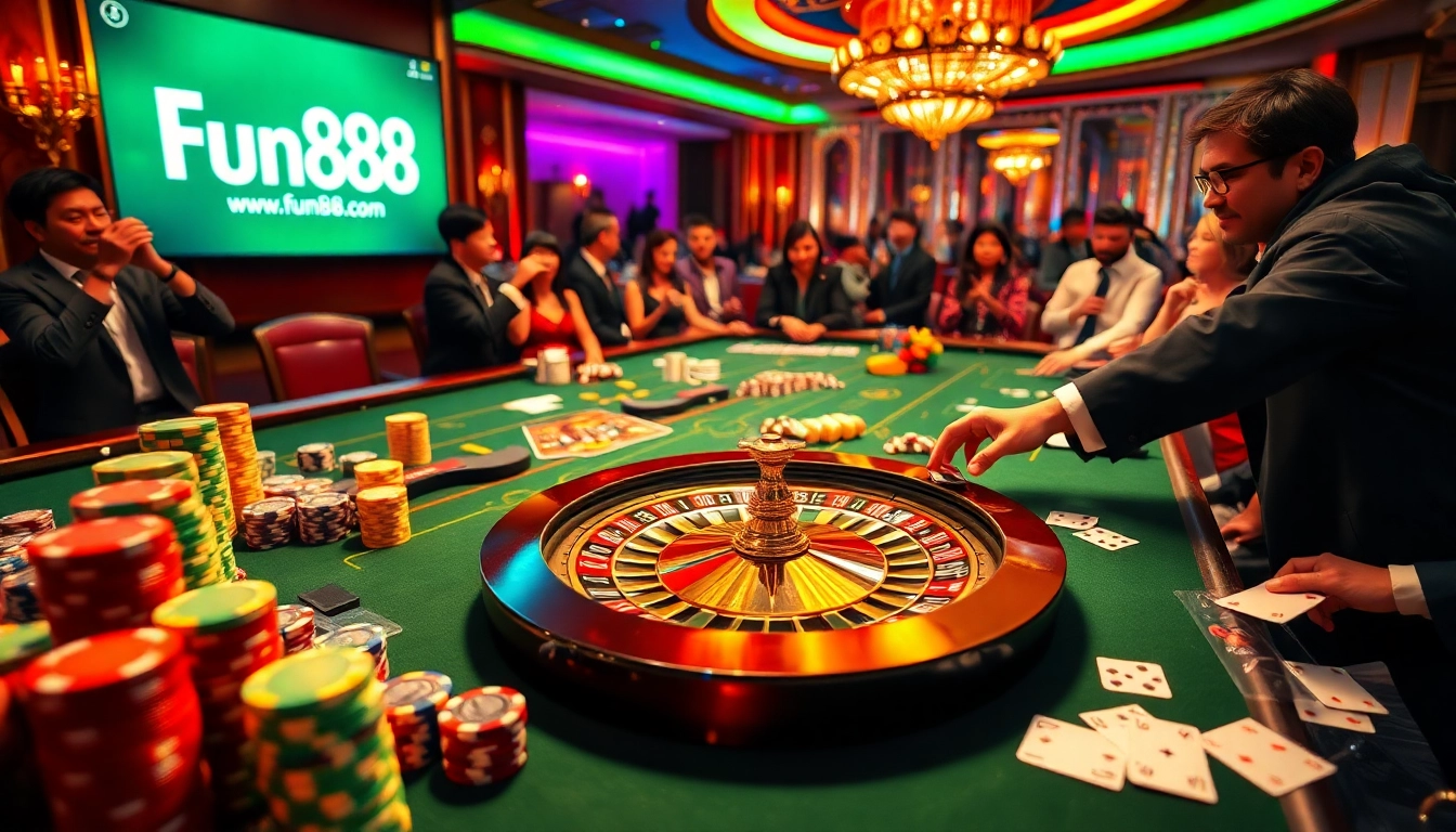 Exciting casino scene showcasing a player engaging with the Fun88 link at a vibrant poker table.