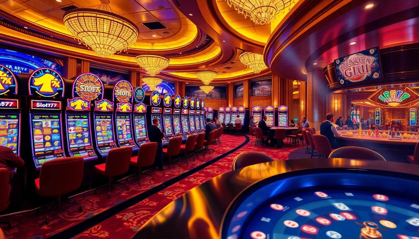 Players enjoying the thrill of Slot777 slot machines in a luxurious casino environment
