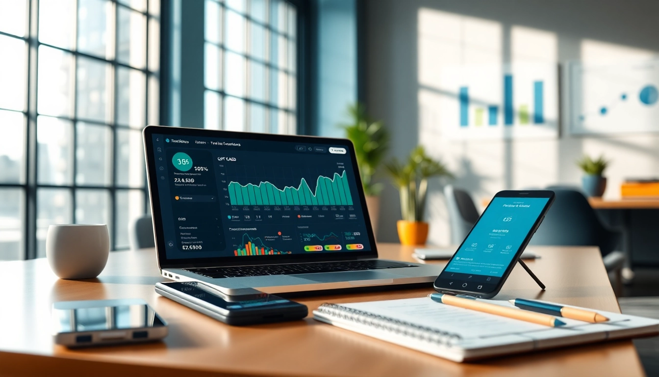 현대적인 사무실에서 상품권카드 거래 기술을 선보이는 혁신적인 금융 현장.