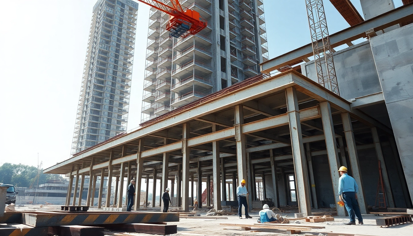 Engineers collaborating on structural steel construction at a bright construction site.