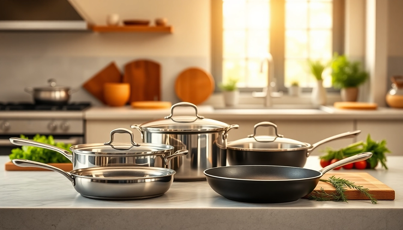 Showcase of high-quality cookware set on a kitchen countertop featuring stainless steel and non-stick finishes.