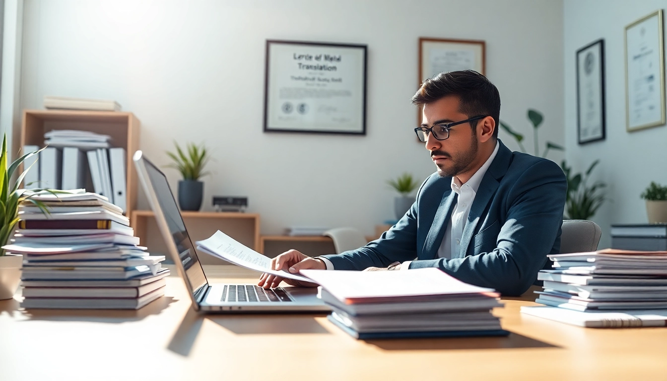 Traduzione giurata in a professional office with a certified translator at work on legal documents.