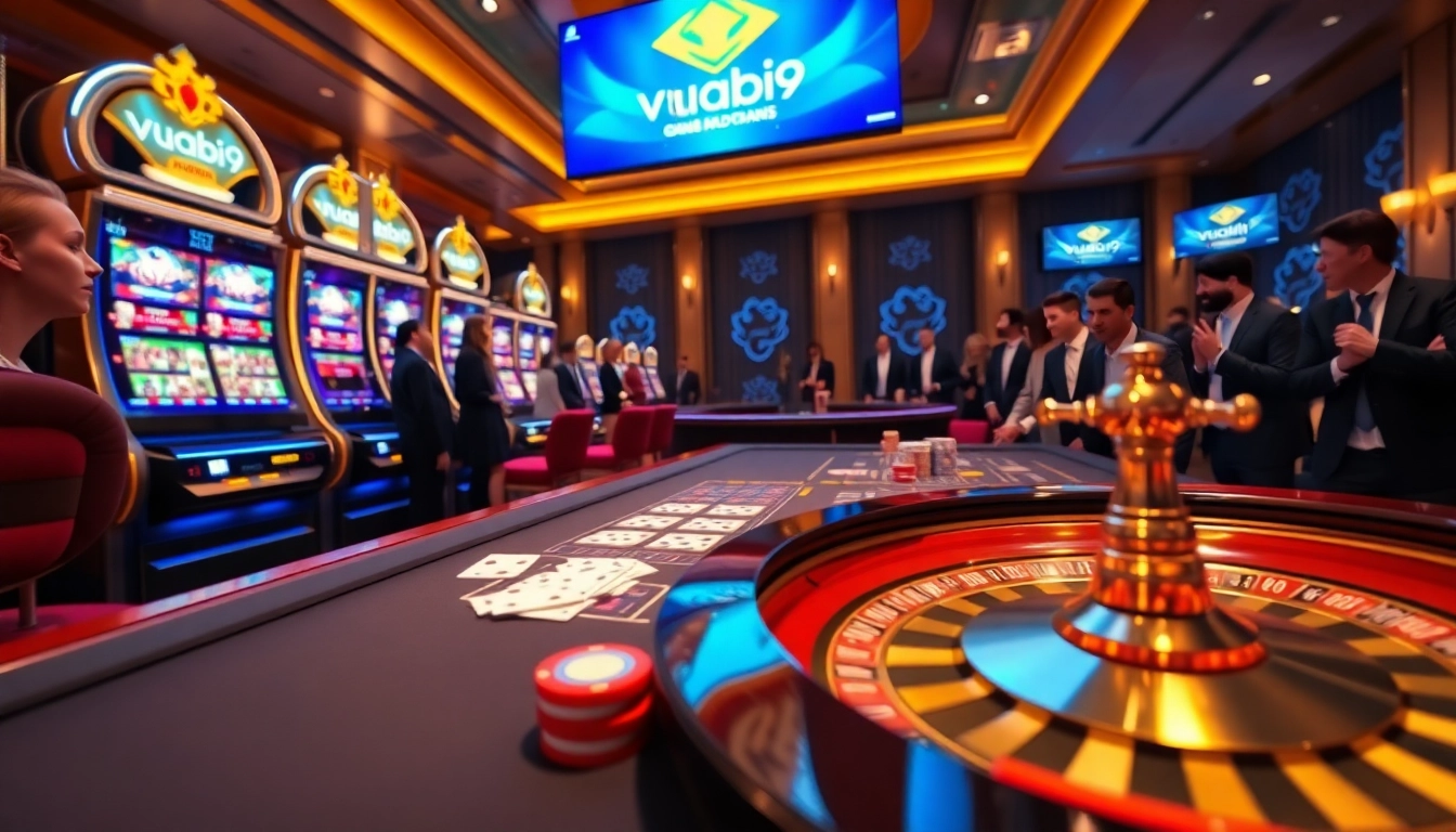 Excited players engage with the vuabai9 online casino, showcasing vibrant gameplay and luxurious gaming atmosphere.
