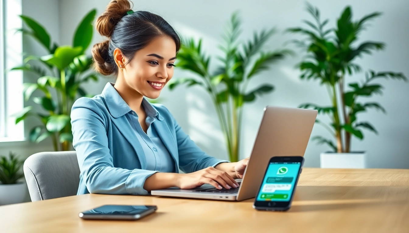 Engage with WhatsApp Smart CRM for enhanced customer management and productivity in a vibrant office.