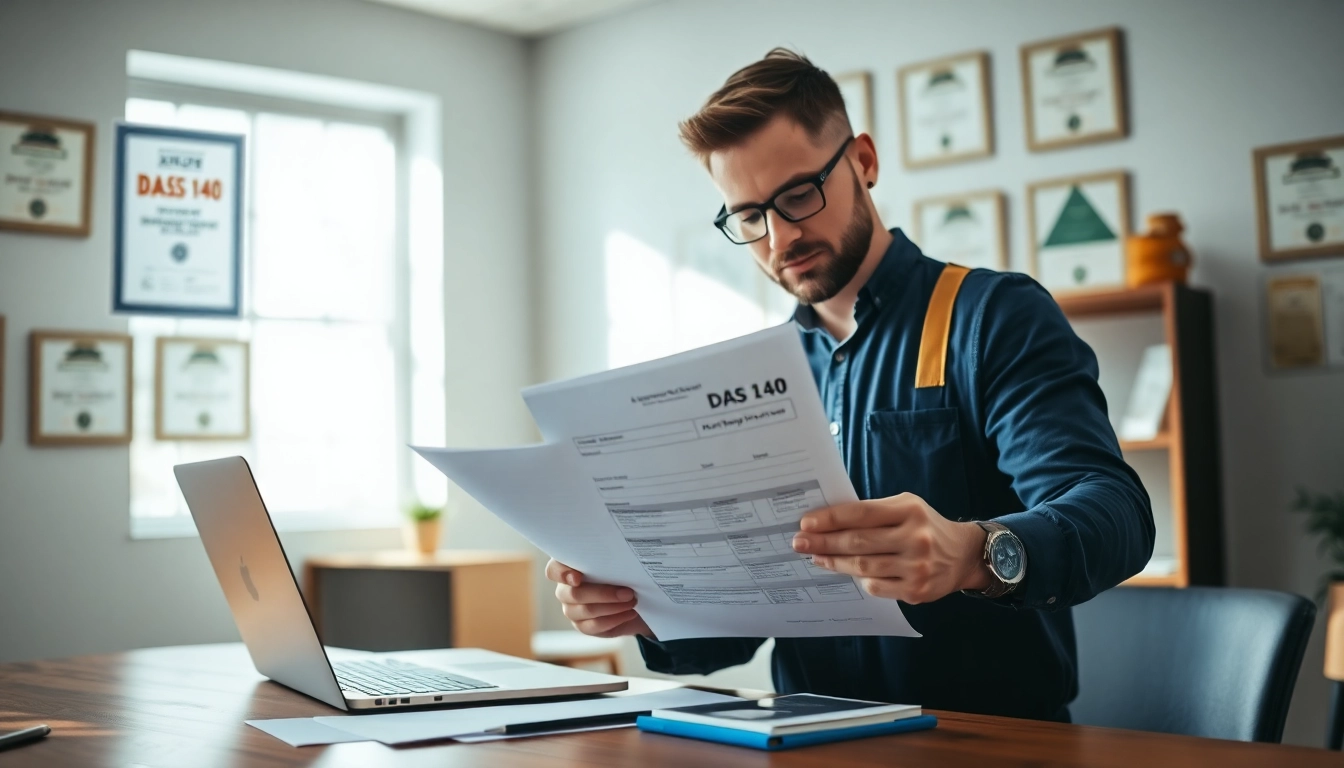 Contractor examining DAS 140 form at their workspace, showcasing professionalism and diligence.