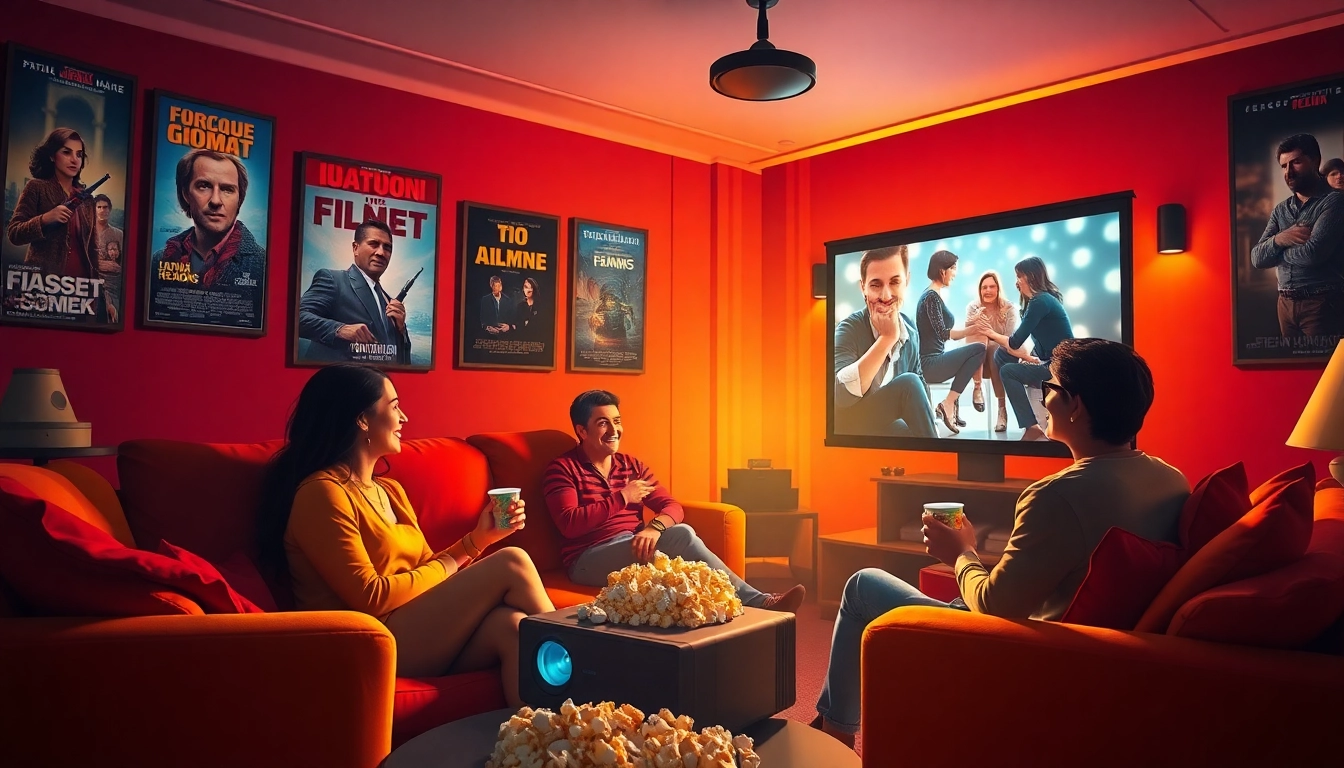 Enjoying popular filme noi with friends in a cozy home theater.