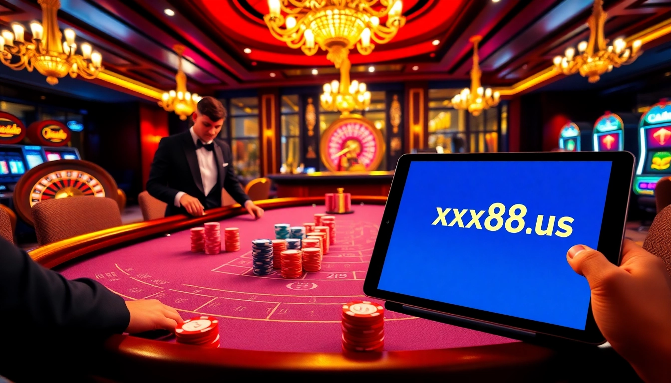 Engaging gamers at a baccarat table showcasing the luxury of https://xx88.us/ with vibrant chips and elegant decor.