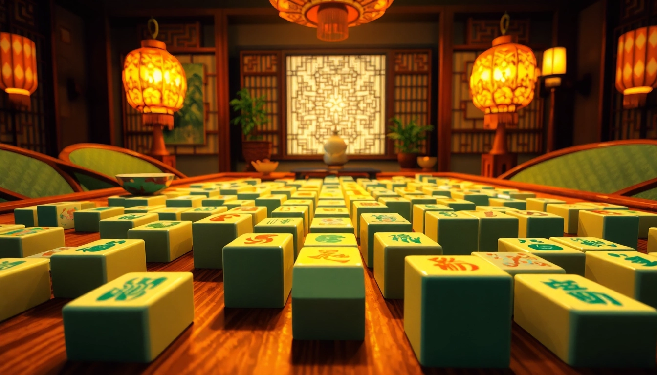 Gameplay showcasing demo mahjong tiles arranged beautifully on a table with a traditional background.